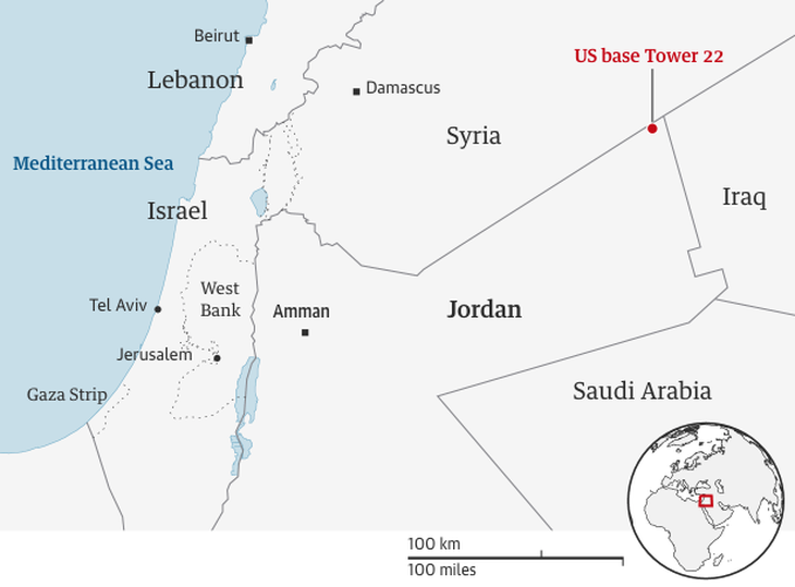 Bản đồ vị trí tiền đồn quân sự có lính Mỹ bị tấn công ở biên giới Jordan, Syria và Iraq - Ảnh: THE GUARDIAN Bản đồ vị trí tiền đồn quân sự có lính Mỹ bị tấn công ở biên giới Jordan, Syria và Iraq - Ảnh: THE GUARDIAN